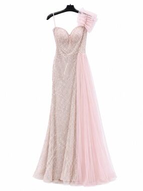 Catwalk 10313 Pink One-Shoulder Evening Gown with Tulle Draping